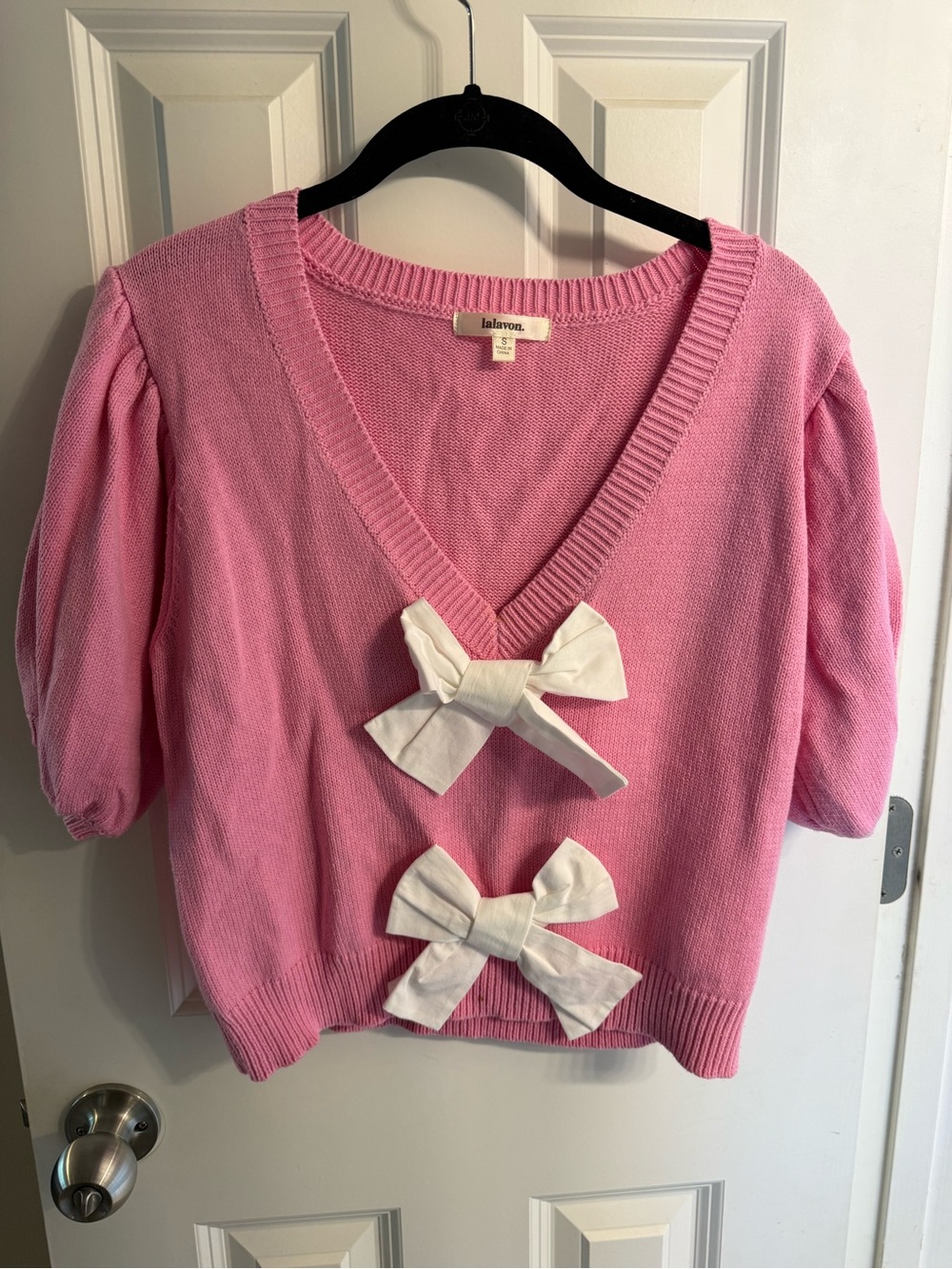 Lalavan Pink V-Neck Sweater with White Bows